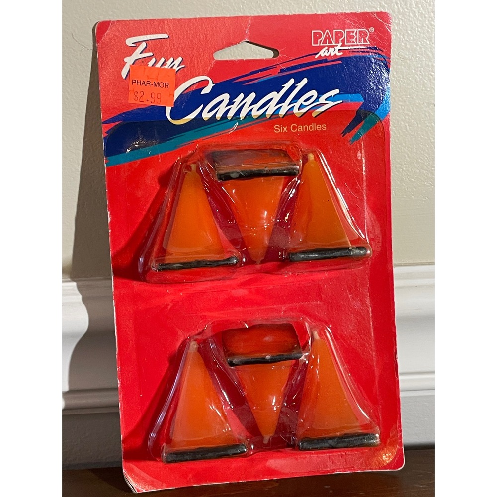 Vintage Paper Art Traffic Cone Fun Candles Set of 6 Orange Construction Novelty